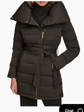 Donna Karan Black Zip-Front Belted Puffer Coat